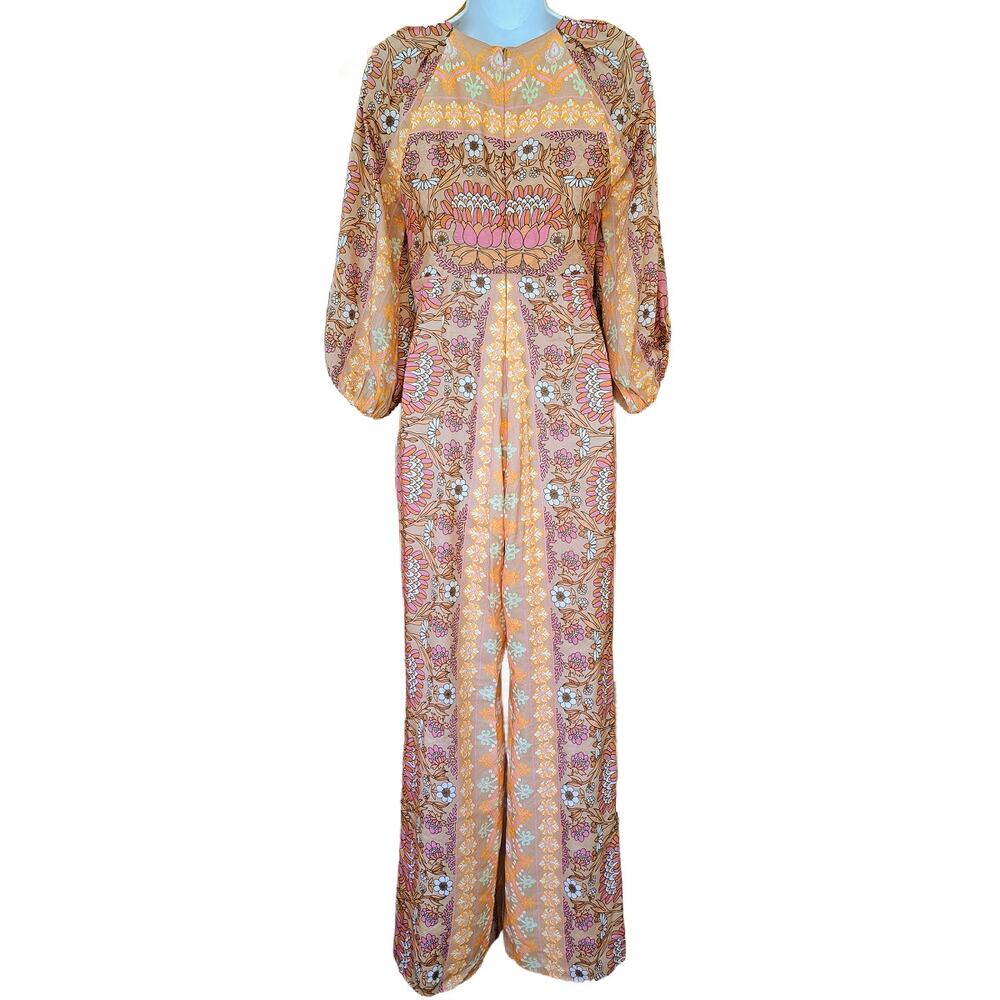 SANDRO Dieppe Printed Wide Leg Jumpsuit Size 36/4 Tan Retro Floral Cutout Plunge - Picture 4 of 11